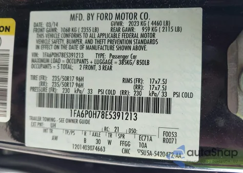 2014 Ford Fusion Se from USA, damaged, VIN 1FA6P0H78E5391213